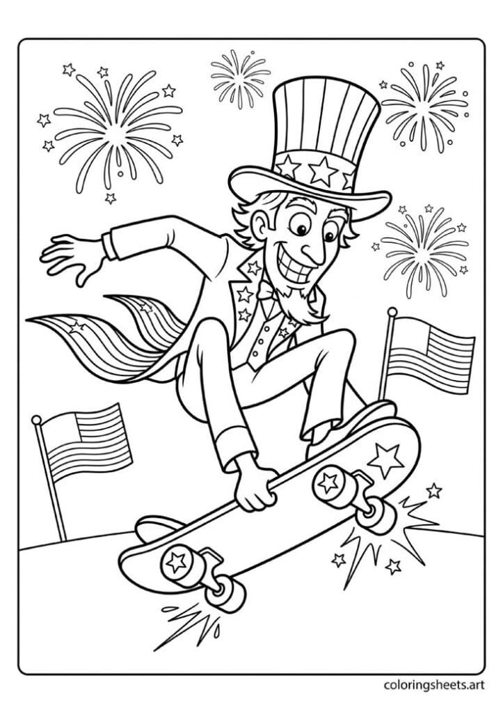 Funny cartoon Uncle Sam doing skateboard trick with tailcoat flying stars sparks and American flags fireworks background 4th of July coloring page — free printable PDF