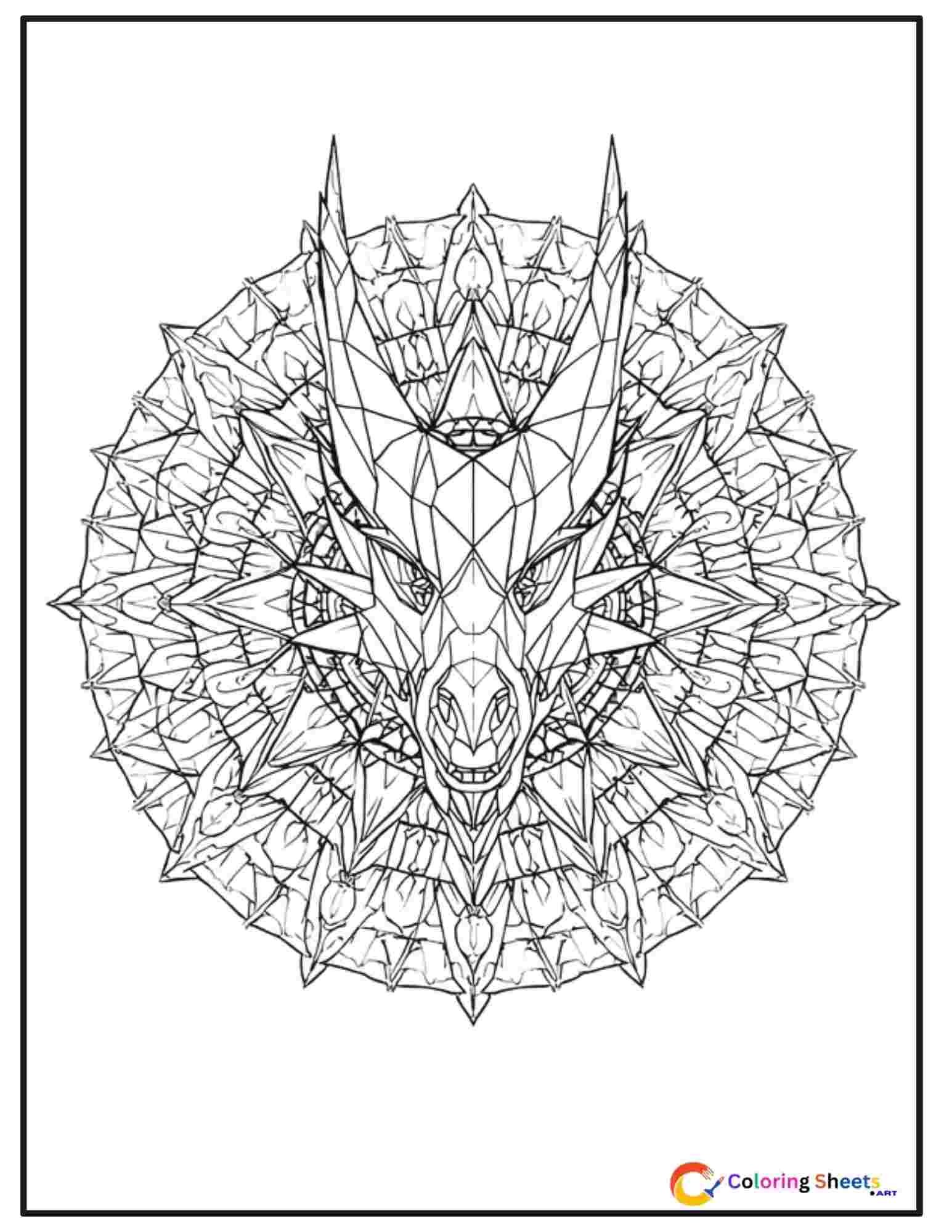Modern geometric dragon mandala coloring page with angular dragon face at center surrounded by triangular scale patterns and sacred geometry designs
