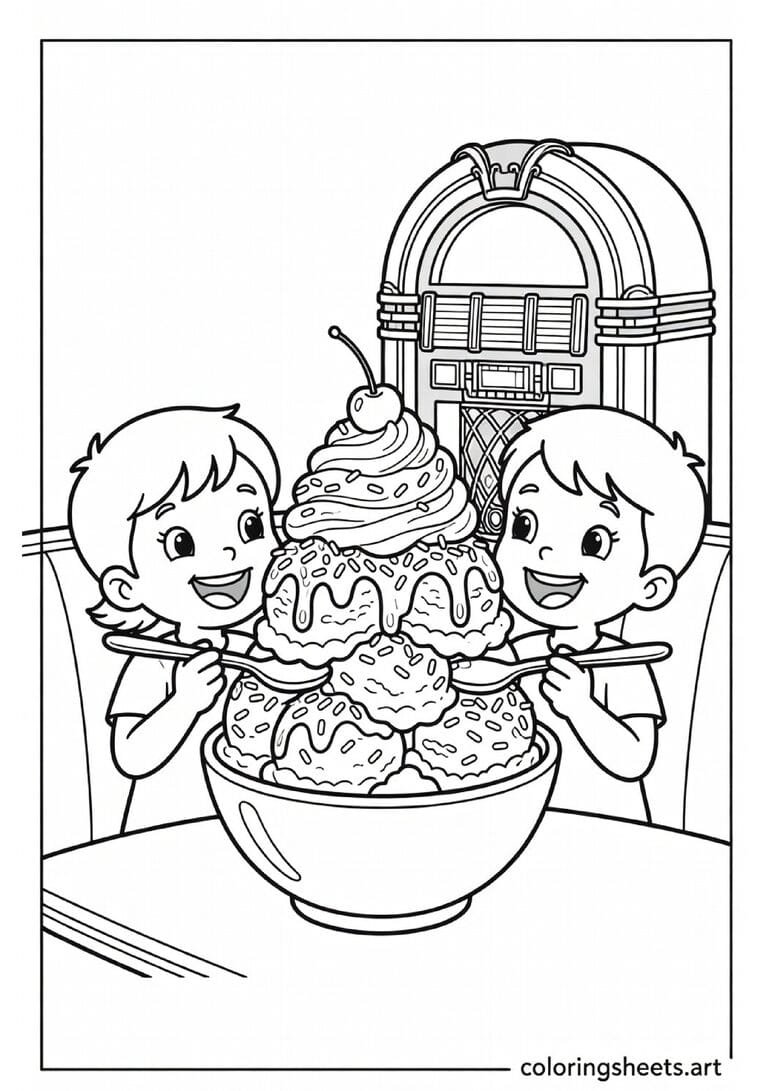 Two kids sharing enormous ice cream sundae in retro American diner with whipped cream cherry sprinkles and jukebox summer coloring page — free printable PDF