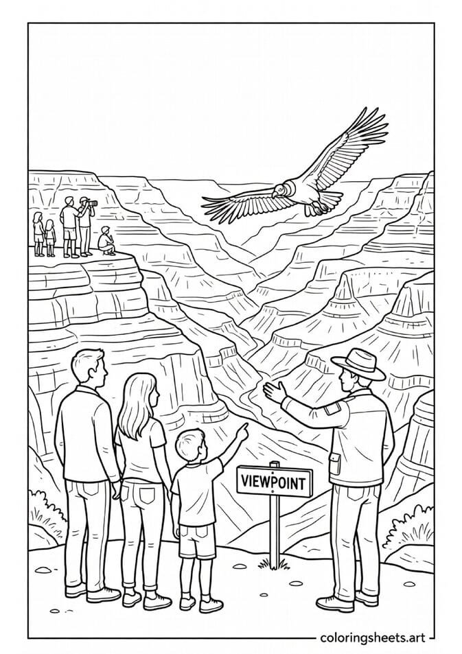 Family at Grand Canyon rim looking at vast canyon with condor soaring park ranger explaining and viewpoint sign summer coloring page — free printable PDF