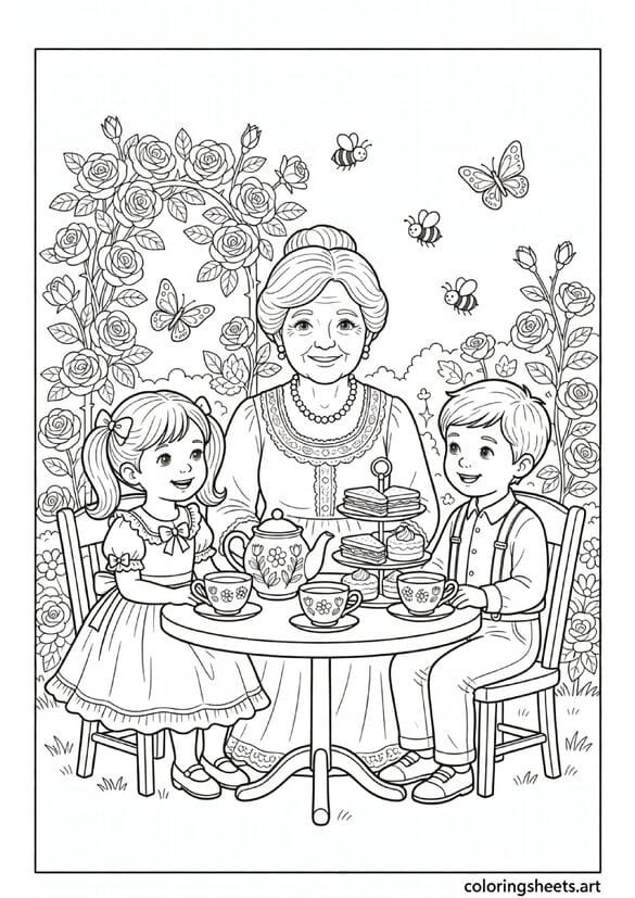 Grandma and grandchildren having garden tea party with flower teapot tiered cake stand and roses on trellis Mothers Day coloring page — free printable PDF