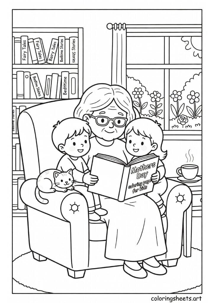 Grandma in armchair reading storybook to two grandchildren with cat tea cup and bookshelves Mothers Day coloring page for kids — free printable PDF