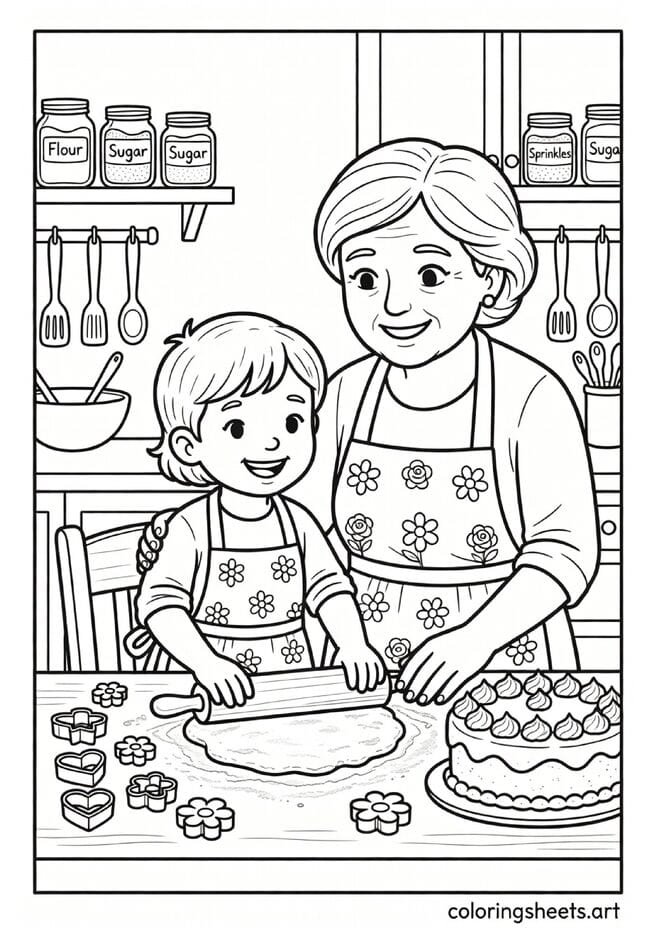 Grandma and grandchild baking together in cozy kitchen with matching aprons heart cookie cutters Mothers Day coloring page for kids — free printable PDF