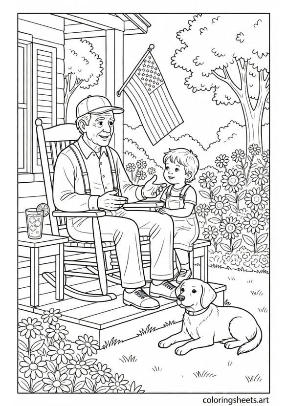 Grandpa in front porch rocking chair with grandchild listening lemonade American flag and dog on American summer day Fathers Day coloring page — free printable PDF