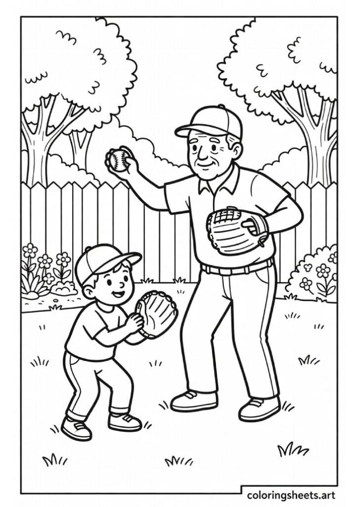 Grandpa and grandchild fishing together in rowboat with tackle box and grandpa telling stories on American lake Fathers Day coloring page — free printable PDF