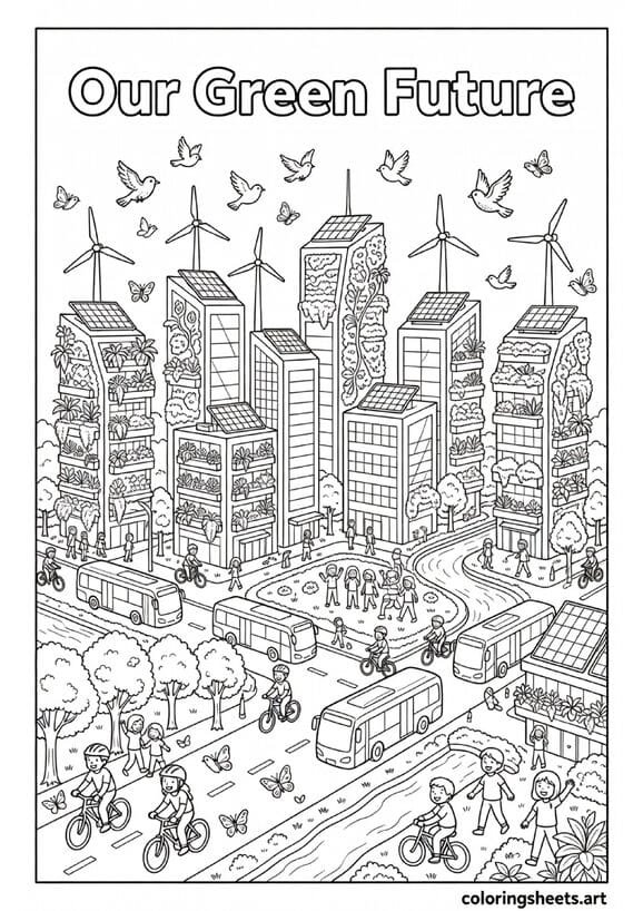 Futuristic green city with plant covered buildings solar panels electric buses and bicycle lanes Our Green Future Earth Day coloring page — free printable PDF