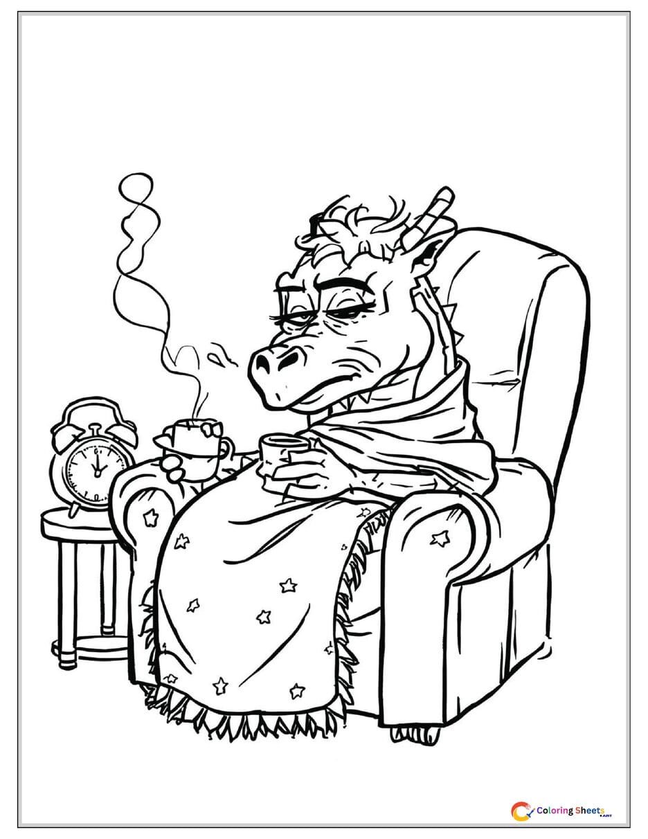 Funny coloring page of a grumpy cartoon dragon wrapped in a blanket holding coffee in an armchair with Monday alarm clock beside it