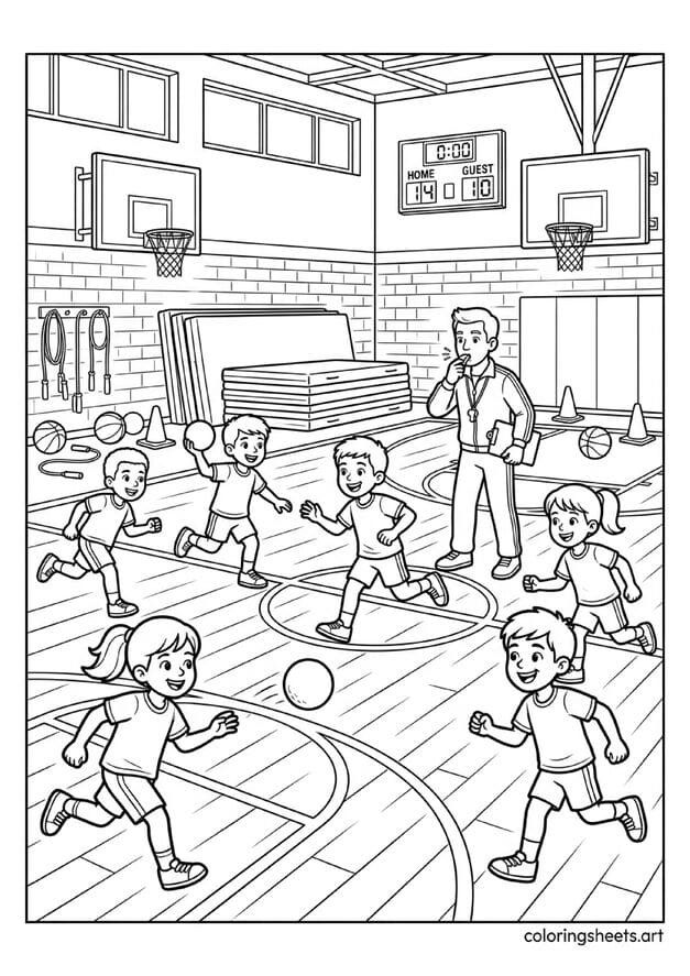Game on in gym class! This energetic American school PE class coloring page with a dodgeball game, basketball hoops, a whistle-blowing teacher, and sports equipment is an action-packed back to school scene every active kid loves.