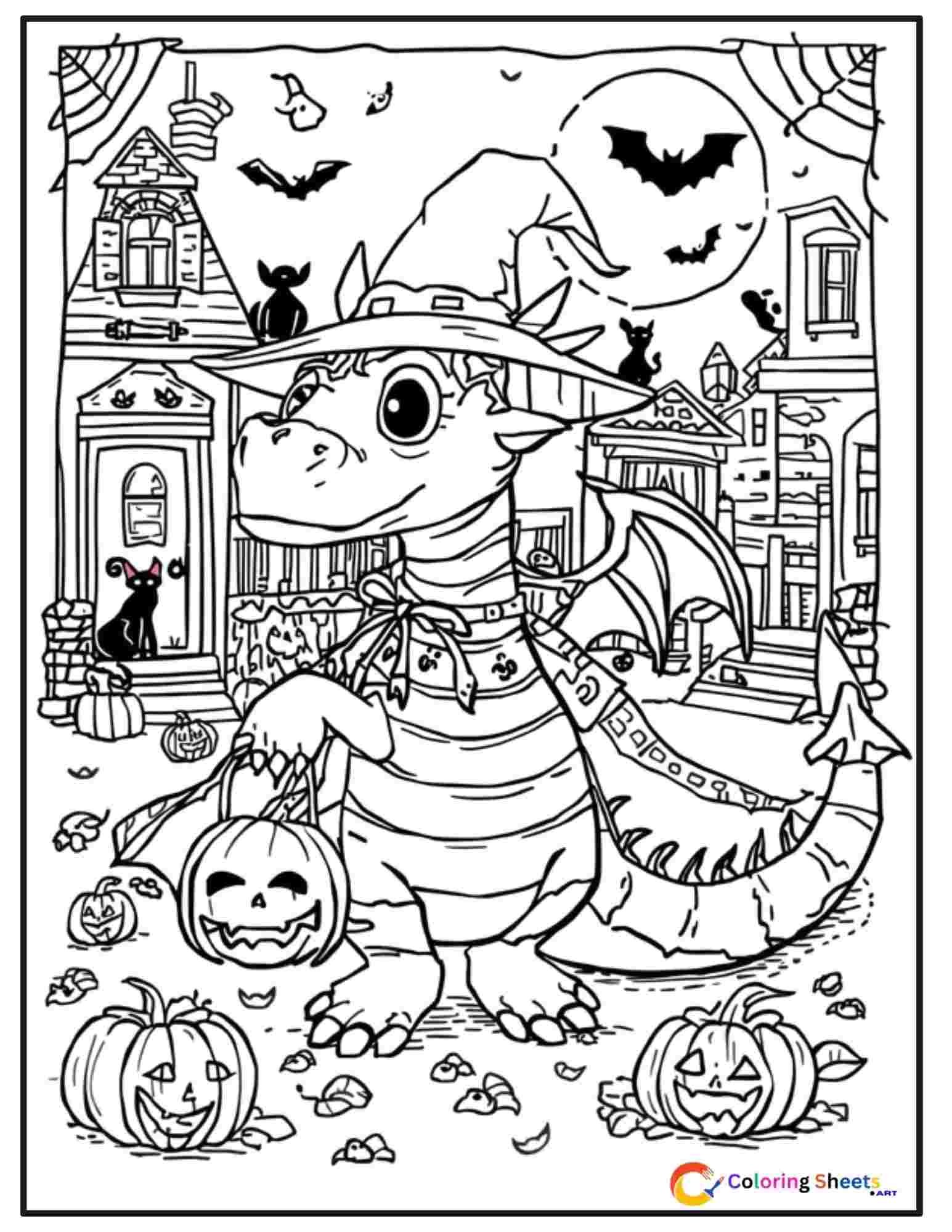 Halloween coloring page of a dragon wearing a witch hat and cape carrying a jack-o-lantern candy bucket while trick-or-treating at decorated houses