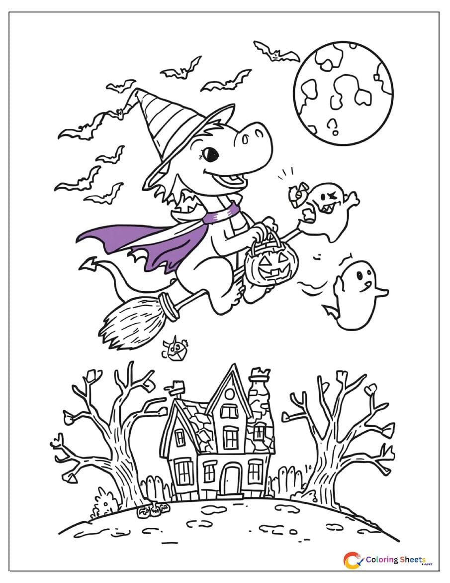 Spooky cartoon Halloween dragon witch coloring page on a broomstick with candy bucket bats and haunted house in moonlit sky , free printable PDF for kids