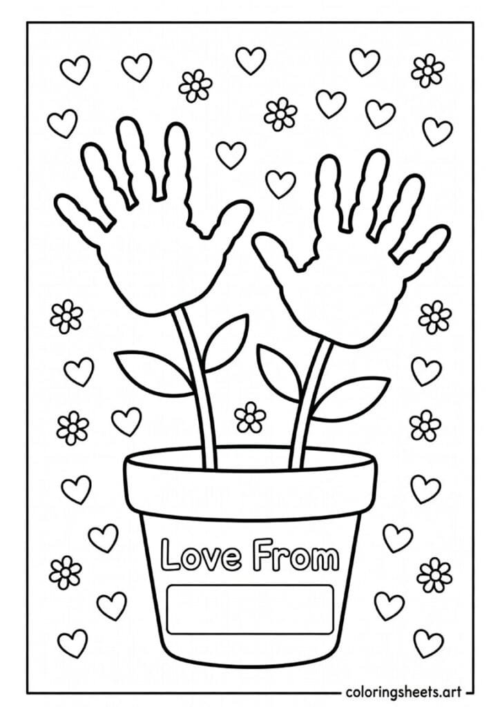 Handprint outlines forming flower petals in a pot with Love From space for child's name Mothers Day coloring page for toddlers — free printable PDF
