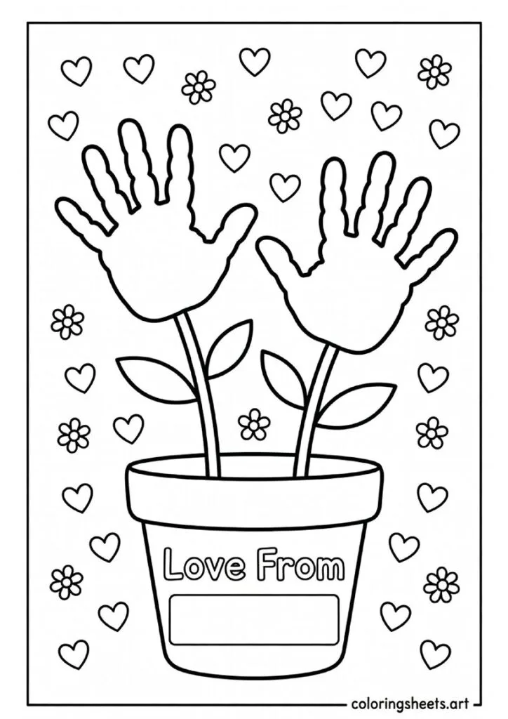 Handprint outlines forming flower petals in a pot with Love From space for child's name Mothers Day coloring page for toddlers — free printable PDF