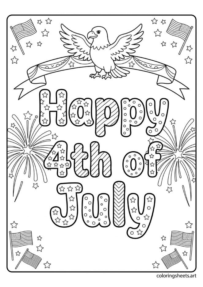 Happy 4th of July bold bubble letters with star stripe patterns fireworks bald eagle and American flag corners coloring page — free printable PDF