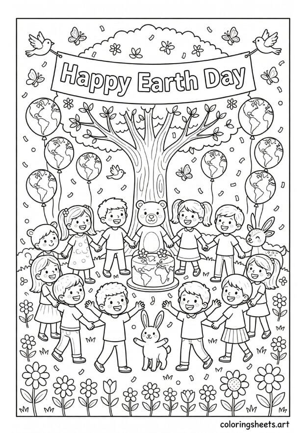 Happy Earth Day party scene with children animals Earth globe balloons cake and confetti celebration coloring page for kids — free printable PDF
