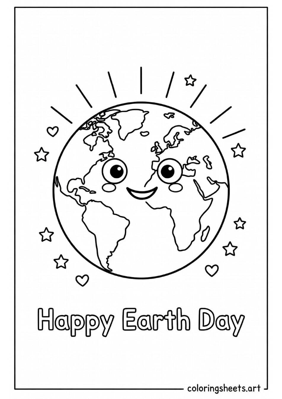 Happy smiling Earth globe cartoon coloring page with sunshine rays and Happy Earth Day text for kids — free printable PDF