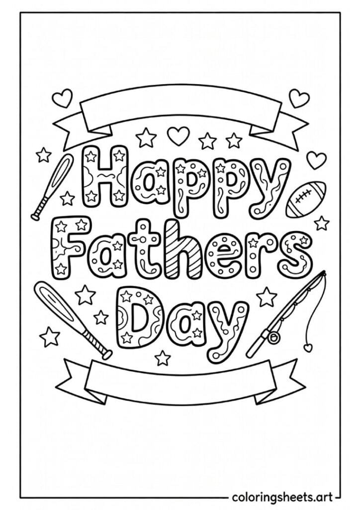 Happy Fathers Day bold bubble letters with sports equipment stars and stripes patterns coloring page for kids — free printable PDF