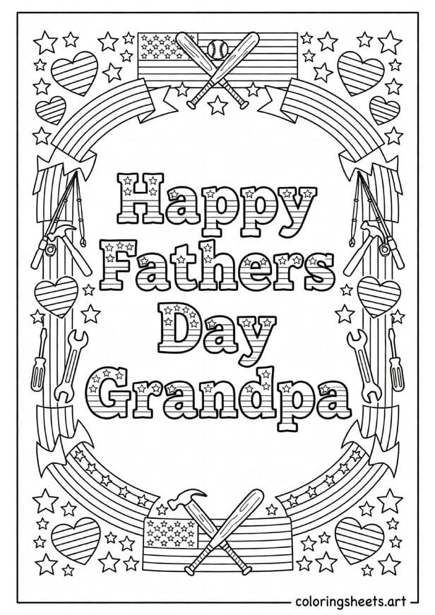 Happy Fathers Day Grandpa bold letters with American stars stripes baseball fishing rod border coloring page for kids — free printable PDF