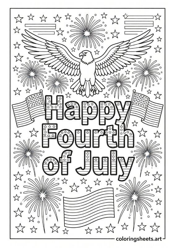 Happy Fourth of July banner with bald eagle fireworks stars stripes and American flags patriotic coloring page for kids — free printable PDF