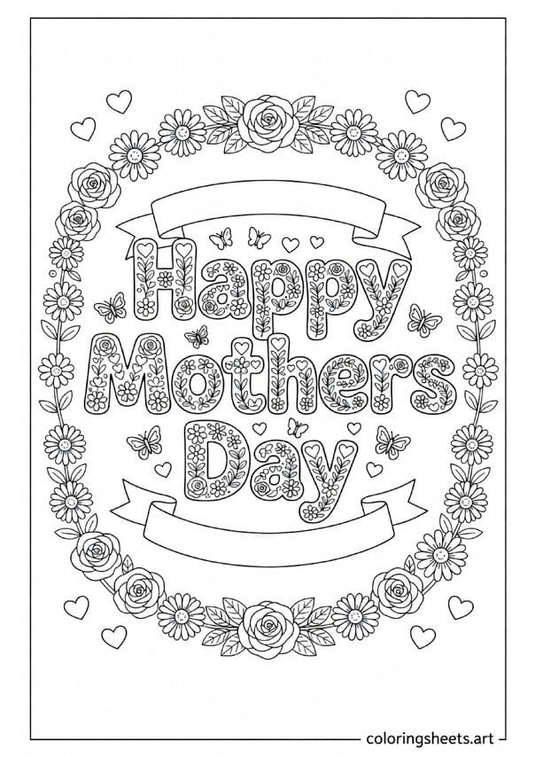Happy Mothers Day bubble letters with floral patterns hearts and rose border coloring page for kids