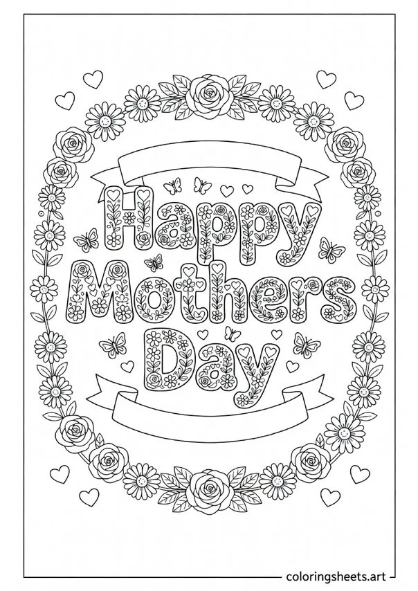 Happy Mothers Day bubble letters with floral patterns hearts and rose border coloring page for kids