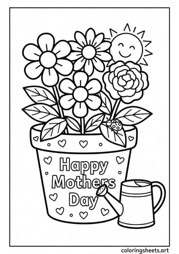 Happy Mothers Day flower pot with big blooming flowers smiling sun and ladybug coloring page for young kids — free printable PDF