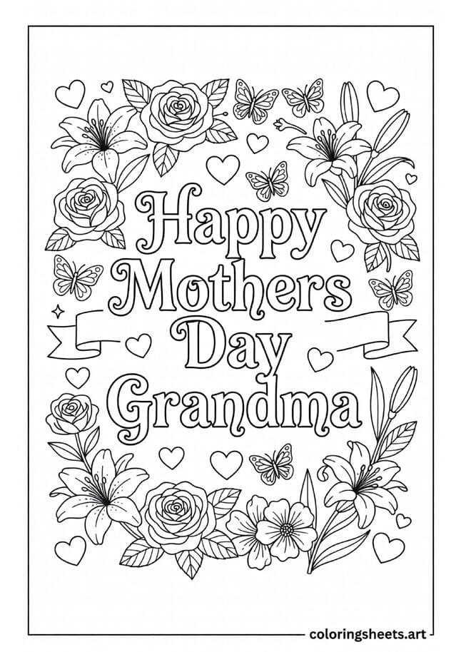Happy Mothers Day Grandma decorative letters with rose lily floral border hearts and butterflies coloring page for kids — free printable PDF