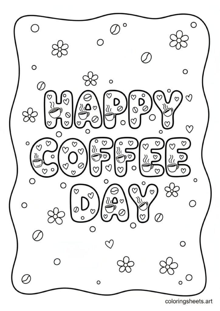 Happy Coffee Day bold bubble letters with coffee cup steam swirl heart bean doodles and wavy border coloring page — free printable PDF