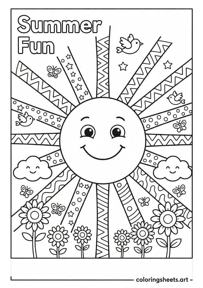 Large happy smiling cartoon summer sun with patterned rays happy clouds sunflowers and Summer Fun text coloring page for kids — free printable PDF