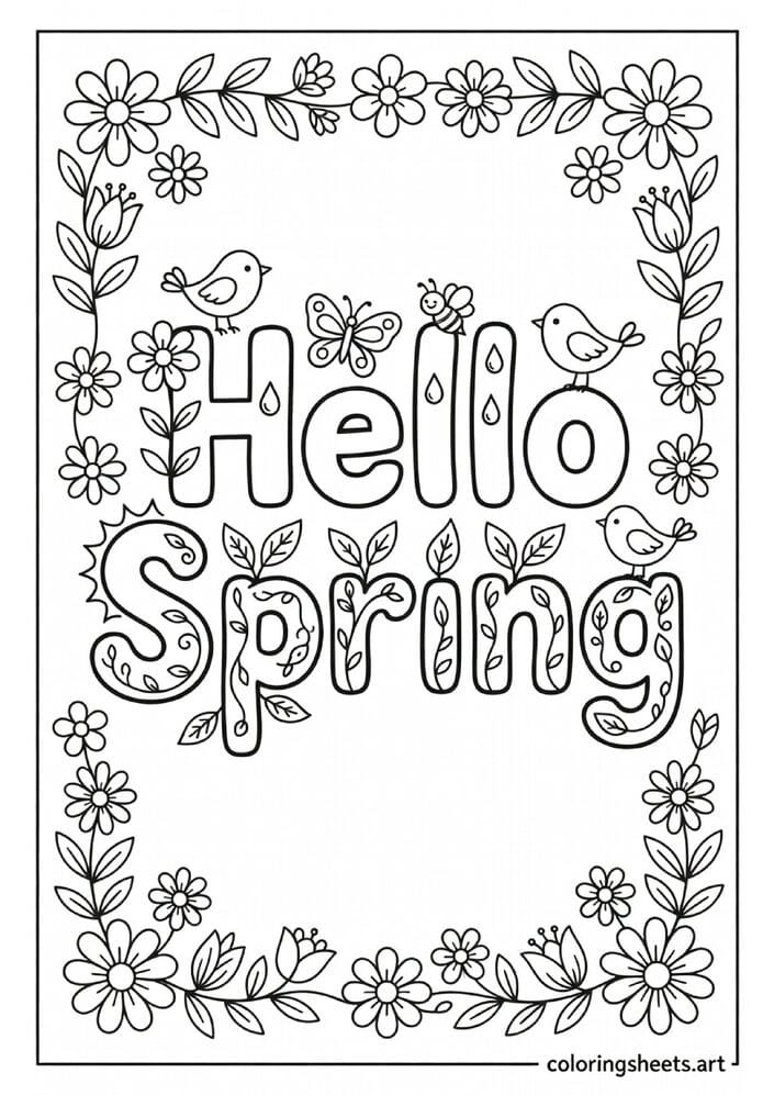 Hello Spring decorative bubble letters with flowers butterflies bees and spring vine border coloring page for kids