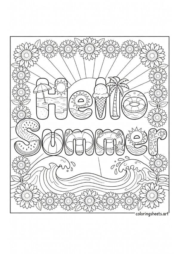Hello Summer bold bubble letters with beach sun ice cream palm tree and watermelon scenes inside each letter summer coloring page for kids — free printable PDF