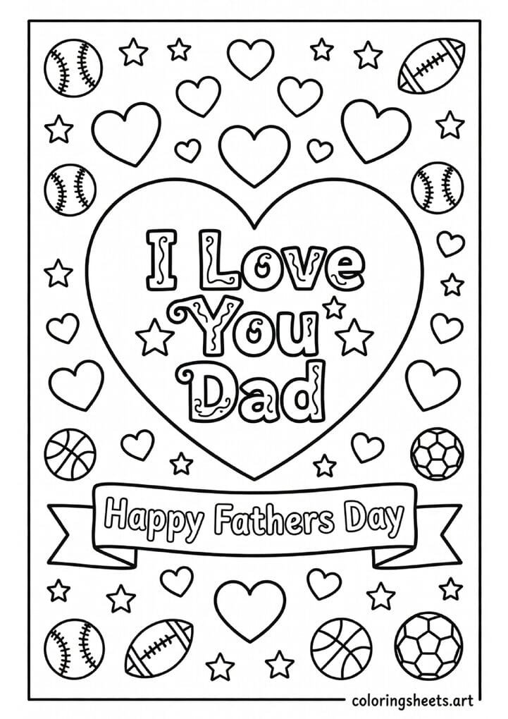 I Love You Dad in large heart with smaller hearts sports balls and Happy Fathers Day banner coloring page for kids — free printable PDF