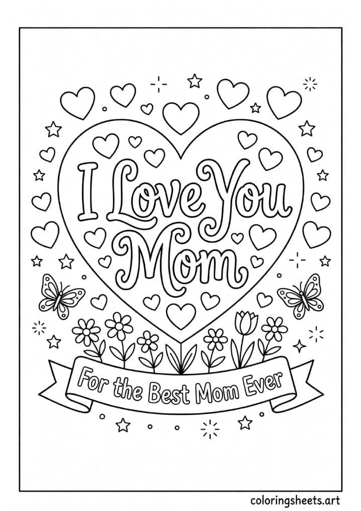 I Love You Mom in large heart with flowers butterflies and Best Mom Ever banner coloring page for kids — free printable PDF