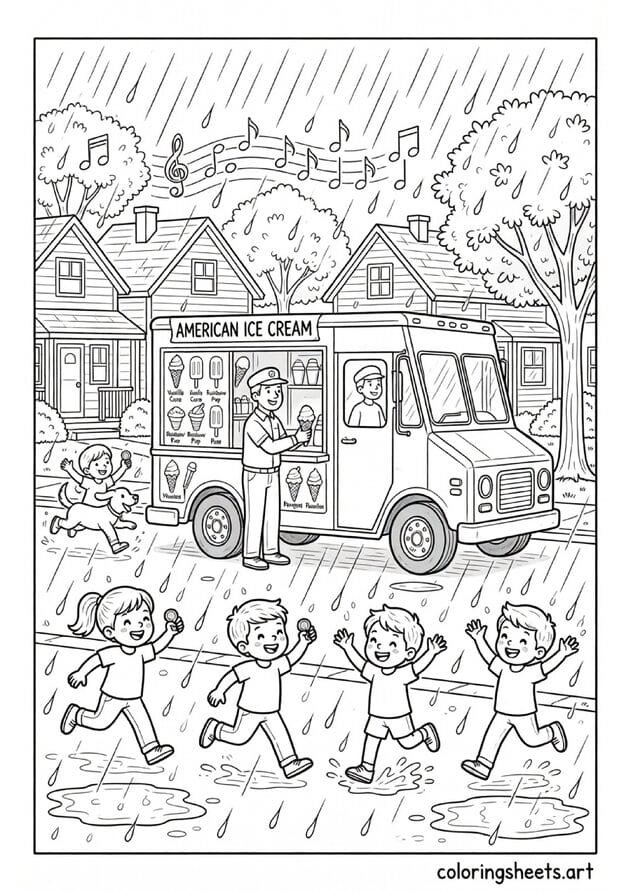 Classic American ice cream truck on suburban street with kids running for treats dog chasing and musical notes summer coloring page — free printable PDF