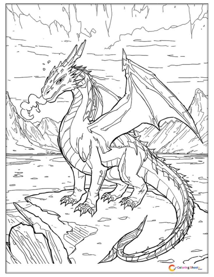 Wings of Fire IceWing dragon coloring page with crystal spikes and icy scale patterns standing on a glacier with aurora borealis in the night sky