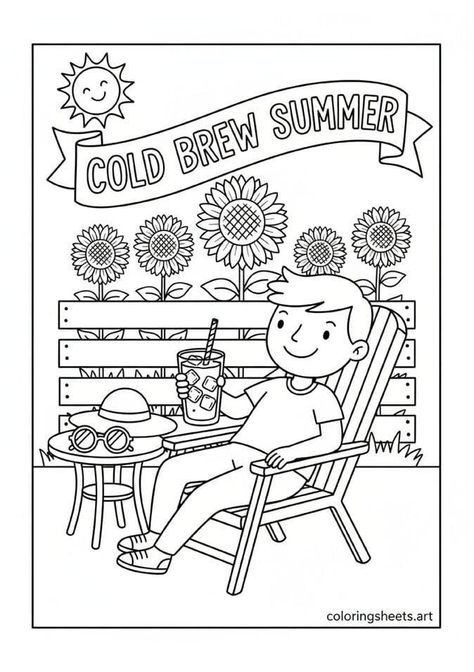 Cartoon person patio chair holding tall iced coffee straw ice cubes sunglasses hat table sunflowers fence sun Cold Brew Summer banner coloring page — free printable PDF