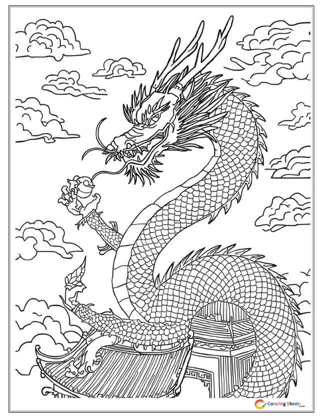Traditional Chinese imperial dragon coloring page holding a sacred pearl with five-toed claws surrounded by classic cloud patterns above palace rooftops