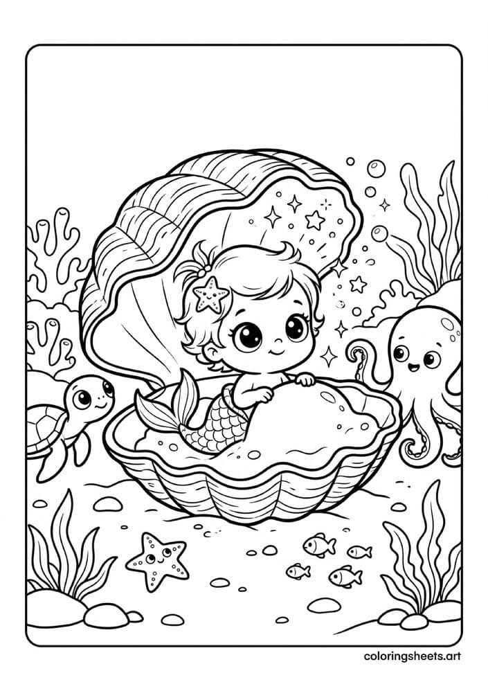 Tiny kawaii baby mermaid hatching from giant clam shell with huge wonder eyes stars sparkles and sea creatures watching in amazement coloring page — free printable PDF