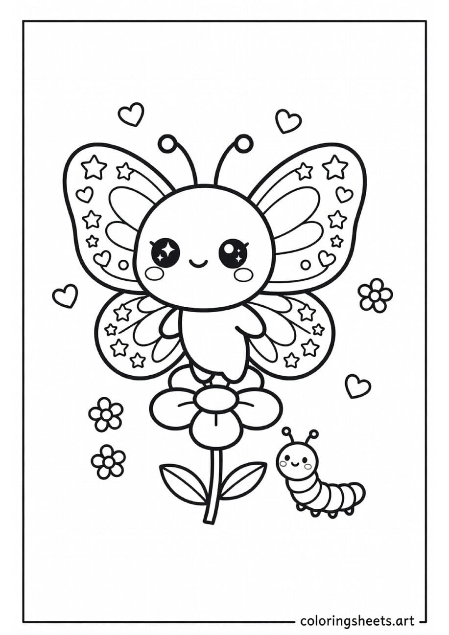 Kawaii cartoon butterfly with big eyes rosy cheeks and heart wing patterns on a flower spring coloring page for young kids