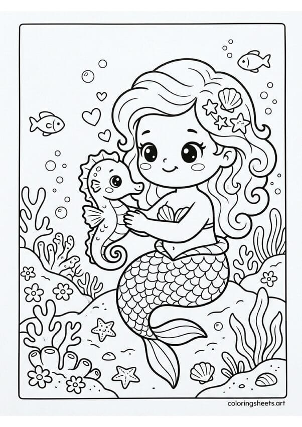 Kawaii chibi mermaid holding tiny baby seahorse with matching sweet expressions hearts floating between them bubbles and coral coloring page — free printable PDF