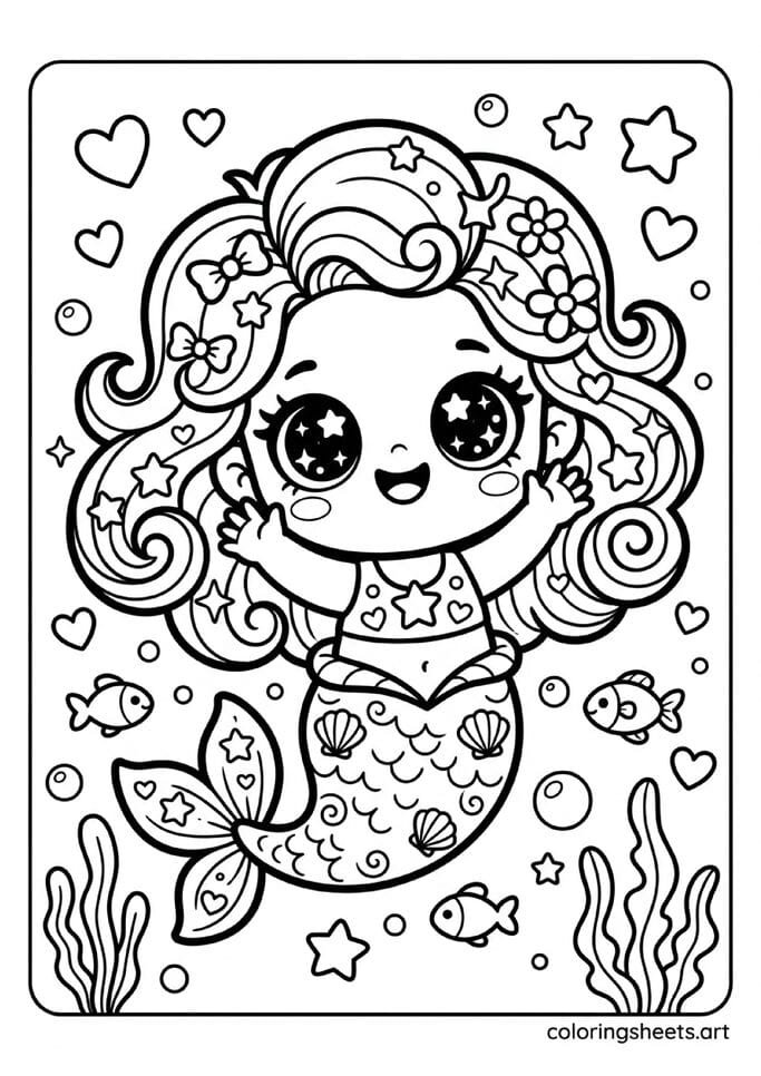 Super adorable kawaii chibi mermaid with huge sparkling star eyes rosy cheeks cheerful wave hearts and stars coloring page for young kids — free printable PDF