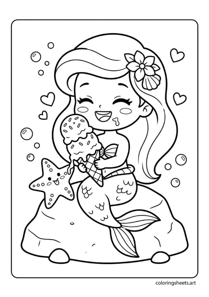 Funny kawaii chibi mermaid on ocean rock eating ice cream in bliss with starfish trying to lick it hearts and bubbles coloring page — free printable PDF
