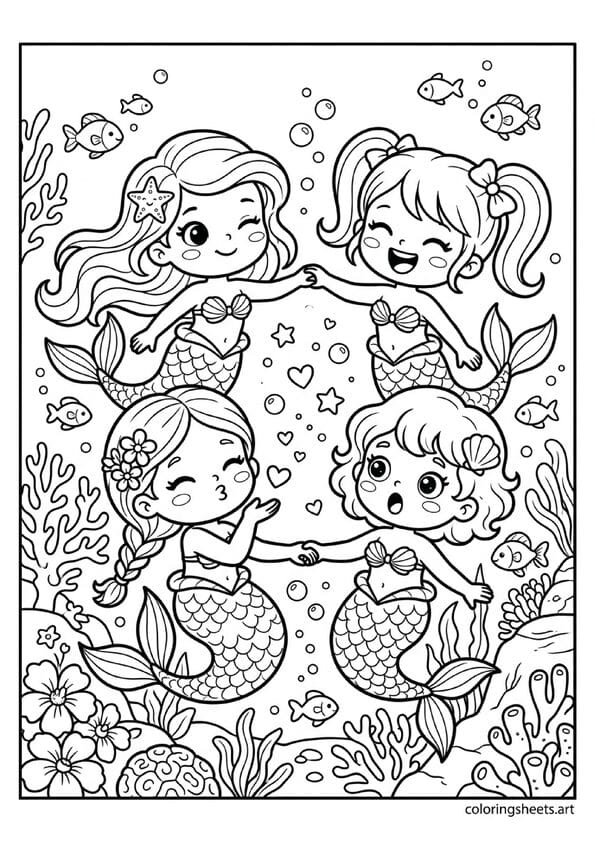 Four kawaii chibi mermaids with different hairstyles holding hands in circle underwater with hearts stars and coral coloring page — free printable PDF