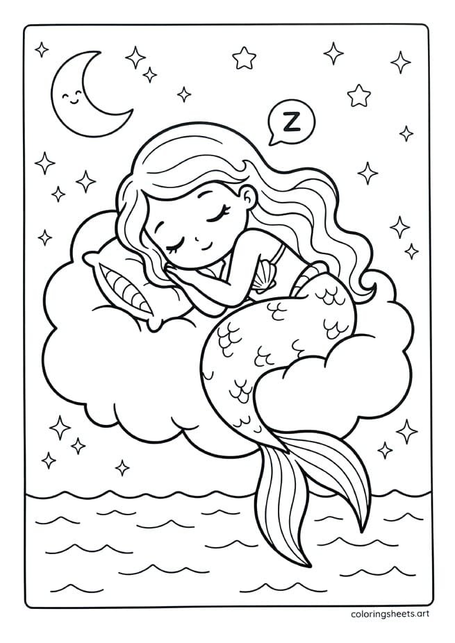 Adorable kawaii mermaid sleeping on fluffy cloud with seashell pillow snore bubble stars moon and tail dangling toward ocean coloring page — free printable PDF