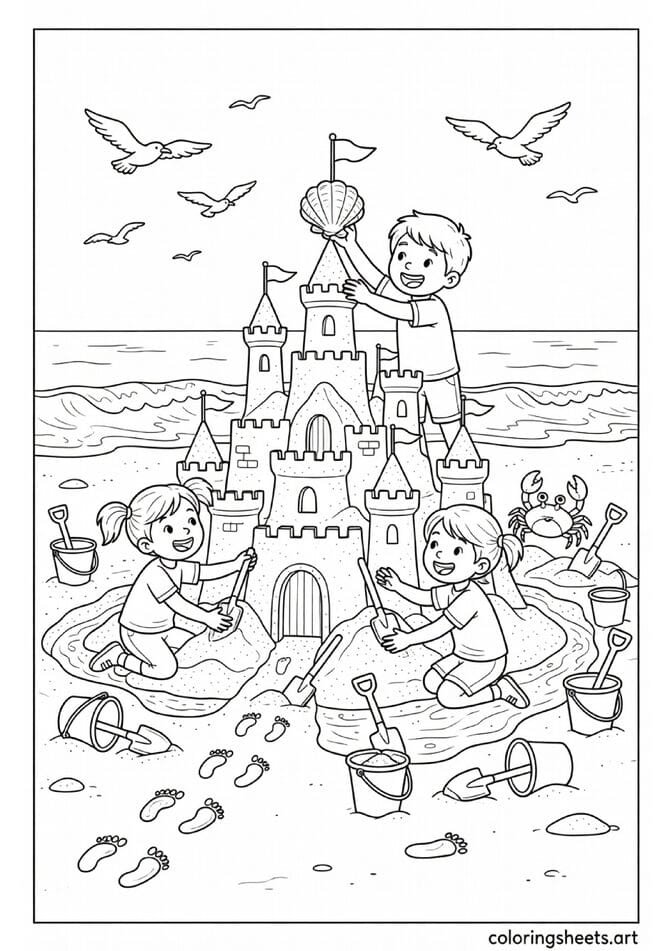 Two kids building giant sandcastle with towers flags moat buckets shovels and crab watching summer coloring page — free printable PDF