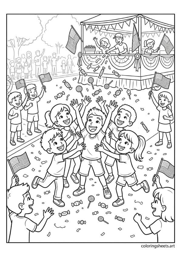 Excited kids scrambling to catch candy thrown from 4th of July parade float with arms outstretched confetti on ground and flags waving coloring page — free printable PDF