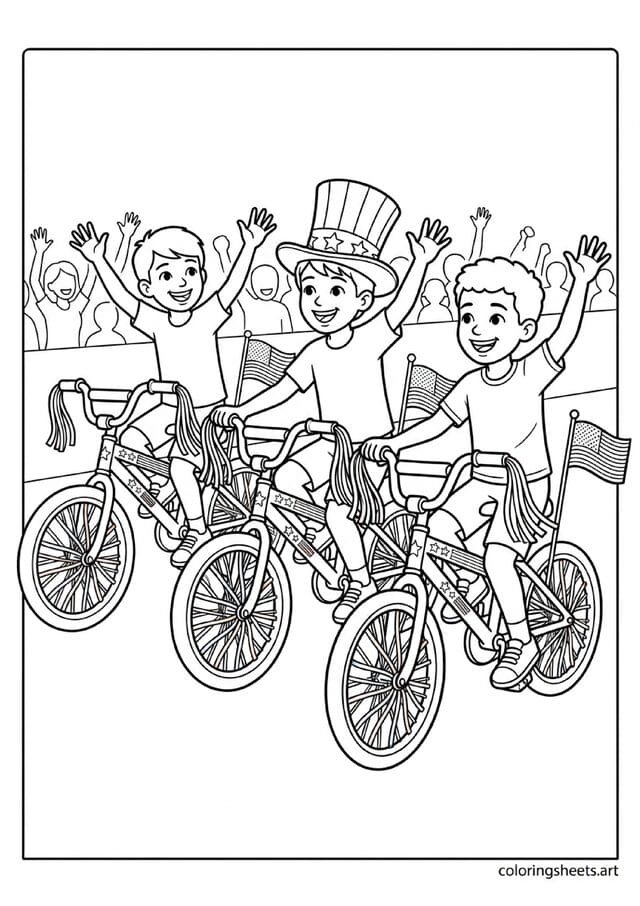 Three kids riding bikes with American flags streamers patriotic stickers and hats waving to crowd in 4th of July parade coloring page — free printable PDF