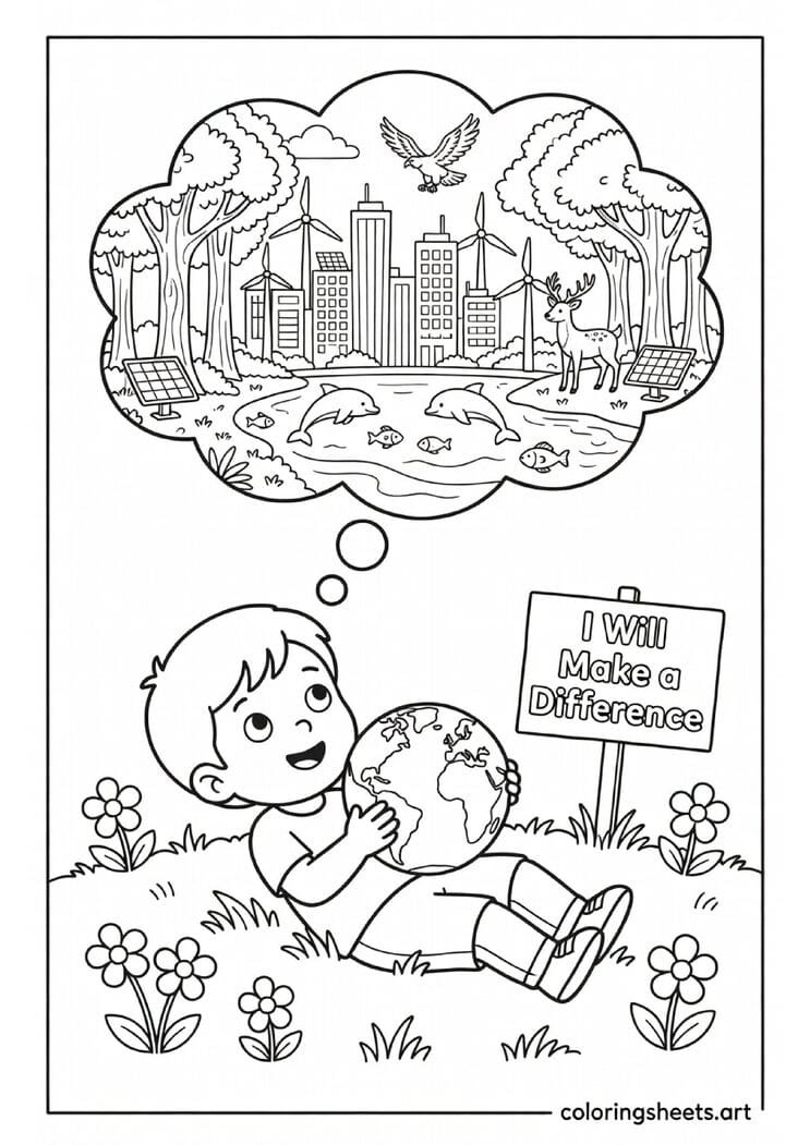 Child dreaming of green future with thought bubble showing clean city forests and oceans I Will Make a Difference Earth Day coloring page — free printable PDF
