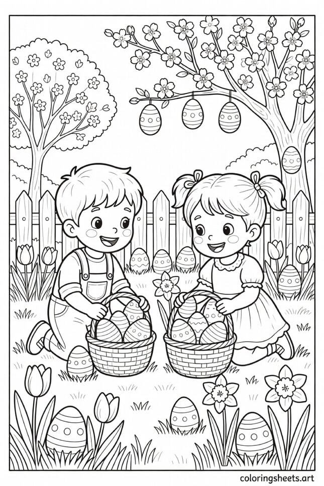 Two children filling Easter baskets with eggs in a spring garden coloring page for kids — free printable PDF