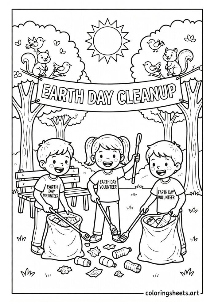 Three kids picking up litter in park wearing Earth Day volunteer shirts with Earth Day Cleanup banner coloring page — free printable PDF
