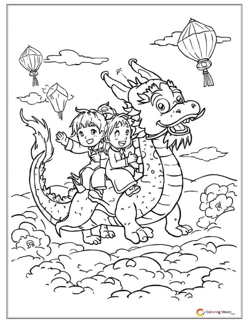 Friendly kids coloring page of happy children riding a decorated Chinese dragon through traditional clouds with kites and lanterns in the sky